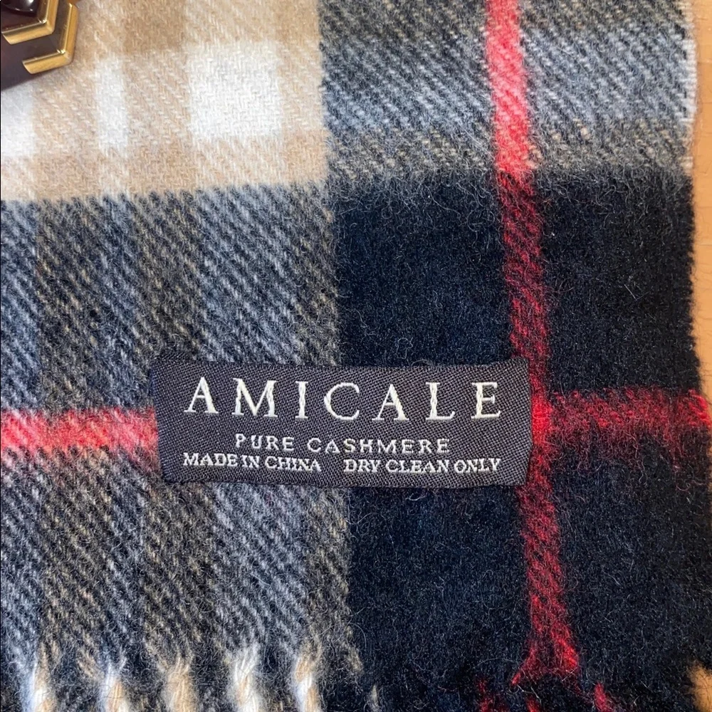 Amicale Cashmere Tartan Fringe Scarf - Blue, Red & Cream